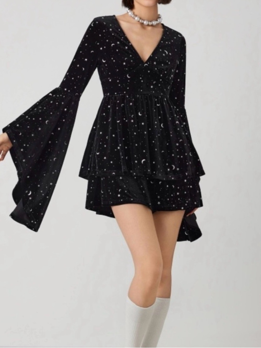 Cider Black Velvet Celestial Romper L NWT Moon Star Bell Sleeve Whimsigoth
